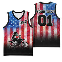 Personalized Motocross Rider Basketball Jersey with Distressed American Flag in Red White Blue Grunge Style - Wonder Print Shop