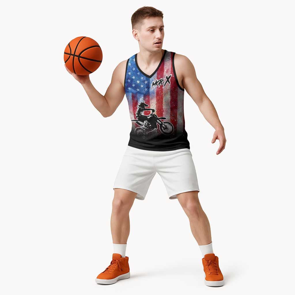Personalized Motocross Rider Basketball Jersey with Distressed American Flag in Red White Blue Grunge Style - Wonder Print Shop