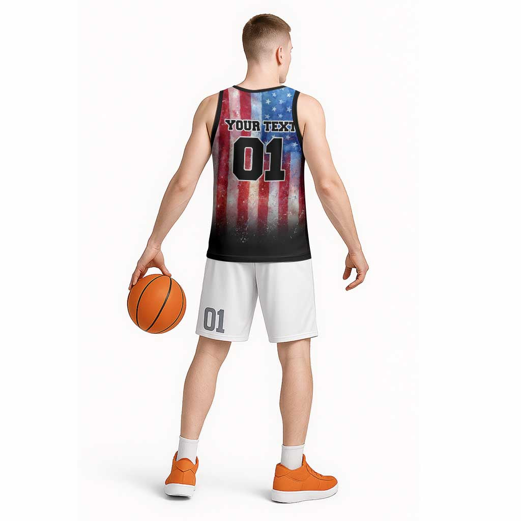 Personalized Motocross Rider Basketball Jersey with Distressed American Flag in Red White Blue Grunge Style - Wonder Print Shop