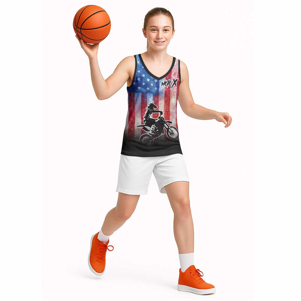 Personalized Motocross Rider Basketball Jersey with Distressed American Flag in Red White Blue Grunge Style - Wonder Print Shop