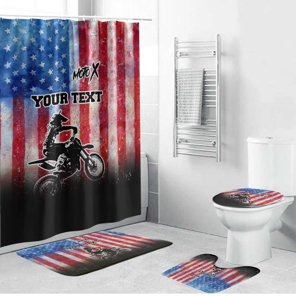 Personalized Motocross Rider Bathroom Set with Distressed American Flag in Red White Blue Grunge Style - Wonder Print Shop
