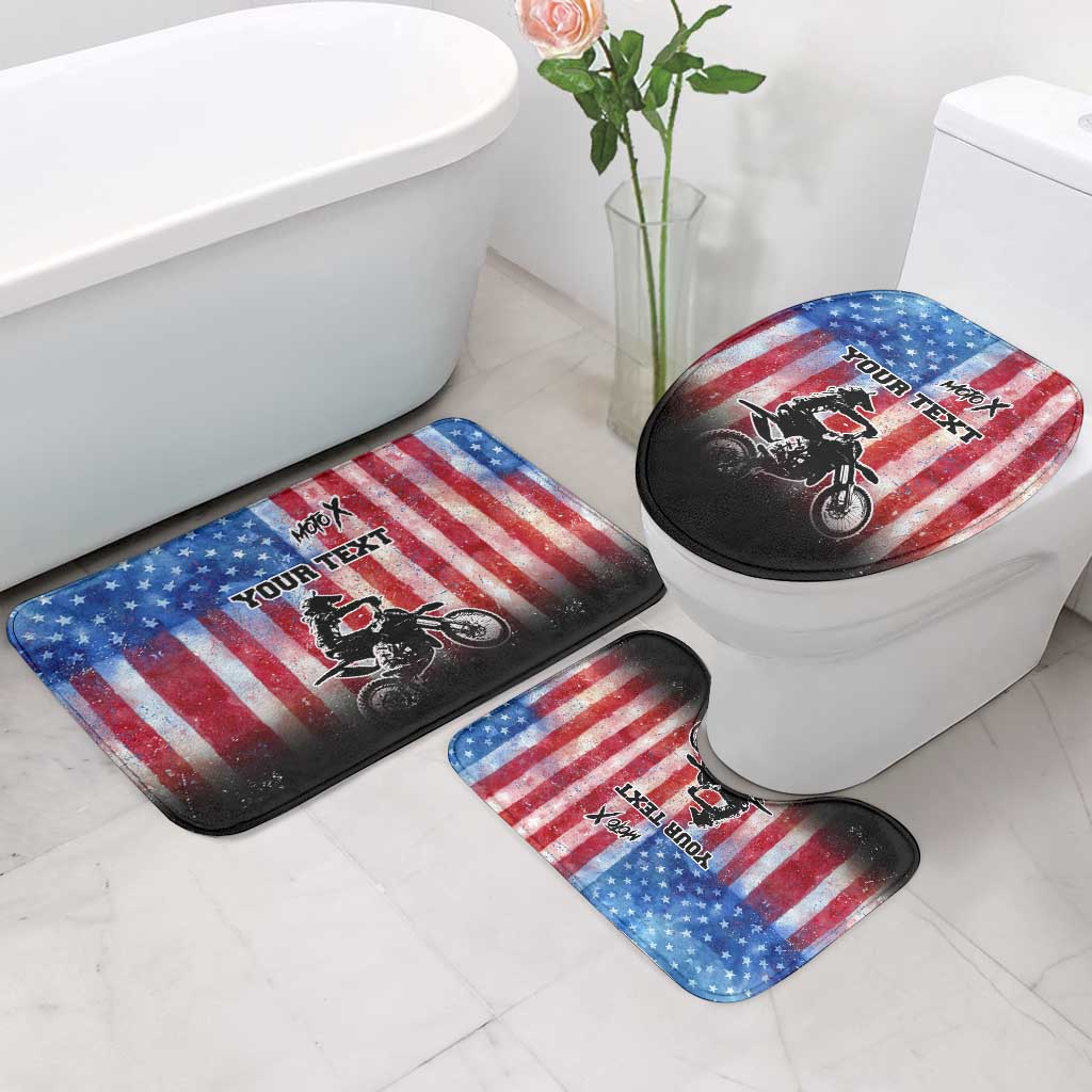 Personalized Motocross Rider Bathroom Set with Distressed American Flag in Red White Blue Grunge Style - Wonder Print Shop