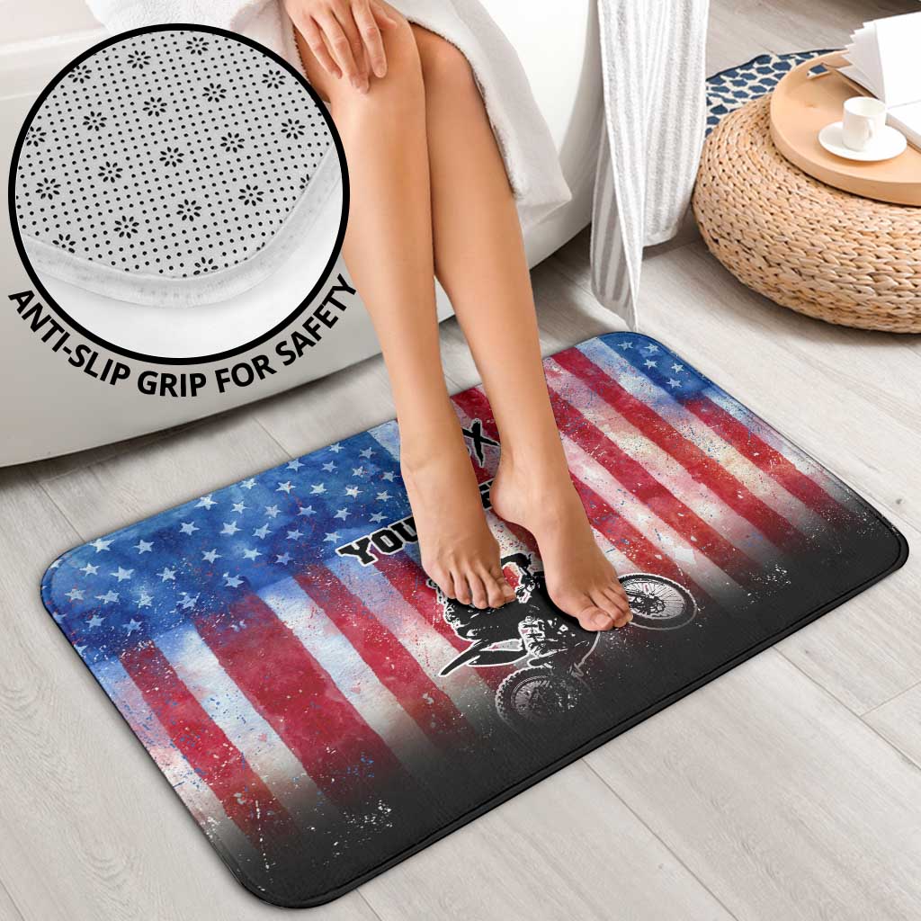 Personalized Motocross Rider Bathroom Set with Distressed American Flag in Red White Blue Grunge Style - Wonder Print Shop