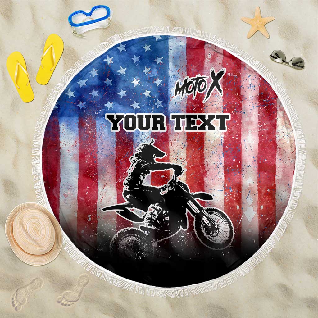 Personalized Motocross Rider Beach Blanket with Distressed American Flag in Red White Blue Grunge Style - Wonder Print Shop