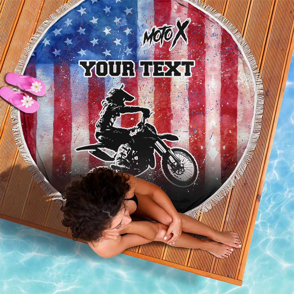 Personalized Motocross Rider Beach Blanket with Distressed American Flag in Red White Blue Grunge Style - Wonder Print Shop