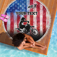Personalized Motocross Rider Beach Blanket with Distressed American Flag in Red White Blue Grunge Style - Wonder Print Shop