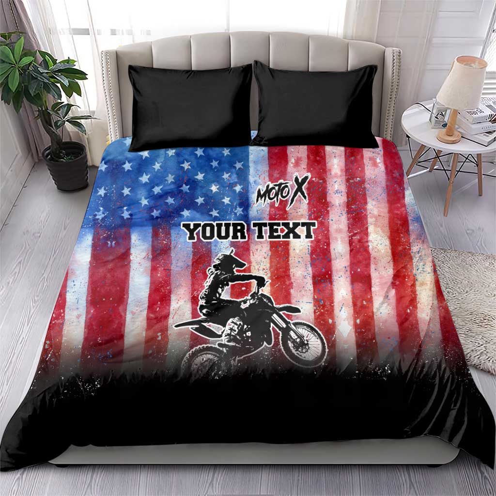 Personalized Motocross Rider Bedding Set with Distressed American Flag in Red White Blue Grunge Style - Wonder Print Shop
