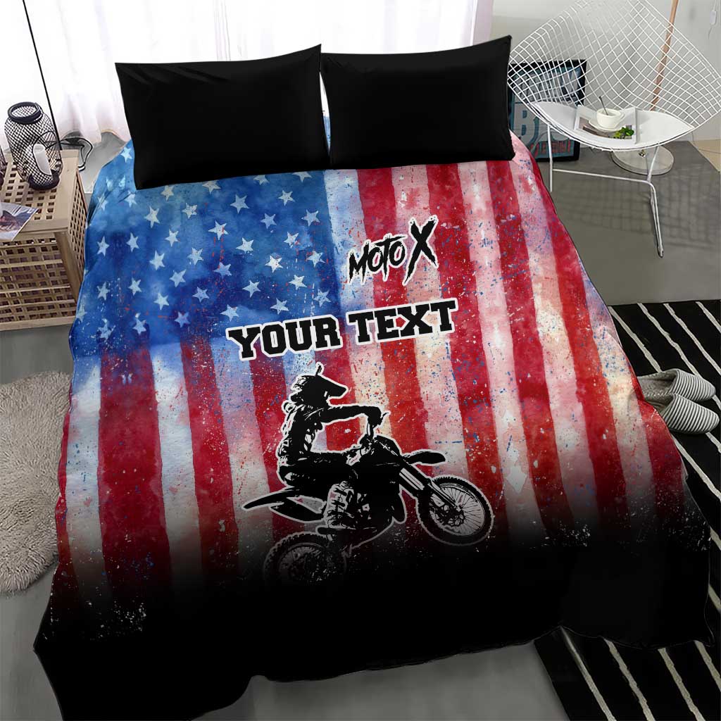 Personalized Motocross Rider Bedding Set with Distressed American Flag in Red White Blue Grunge Style - Wonder Print Shop