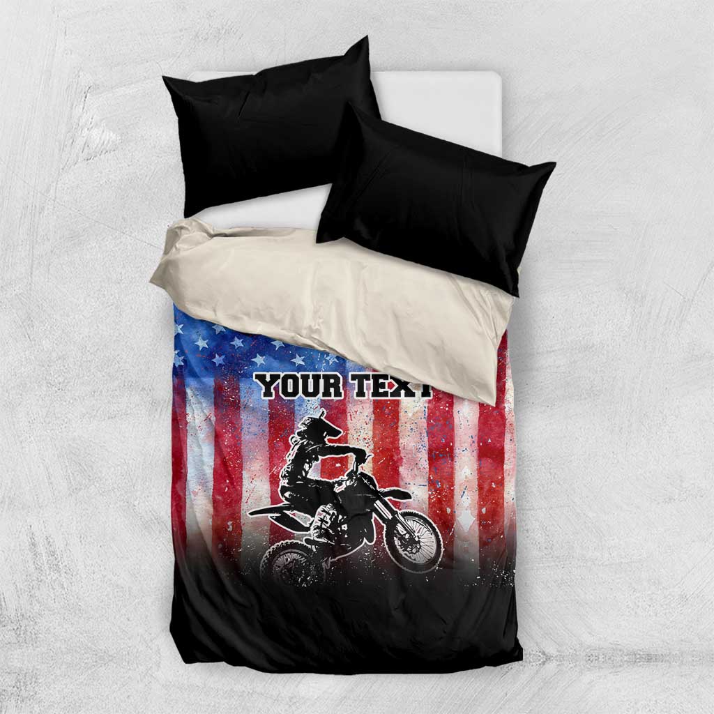 Personalized Motocross Rider Bedding Set with Distressed American Flag in Red White Blue Grunge Style - Wonder Print Shop