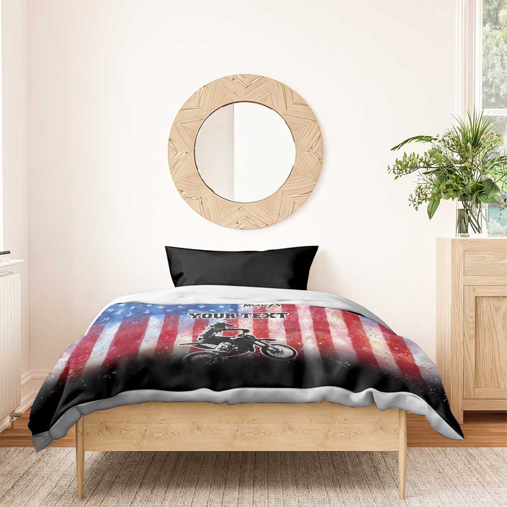 Personalized Motocross Rider Bedding Set with Distressed American Flag in Red White Blue Grunge Style - Wonder Print Shop
