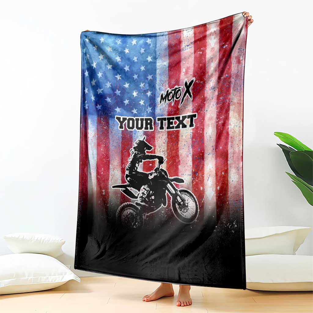 Personalized Motocross Rider Blanket with Distressed American Flag in Red White Blue Grunge Style - Wonder Print Shop