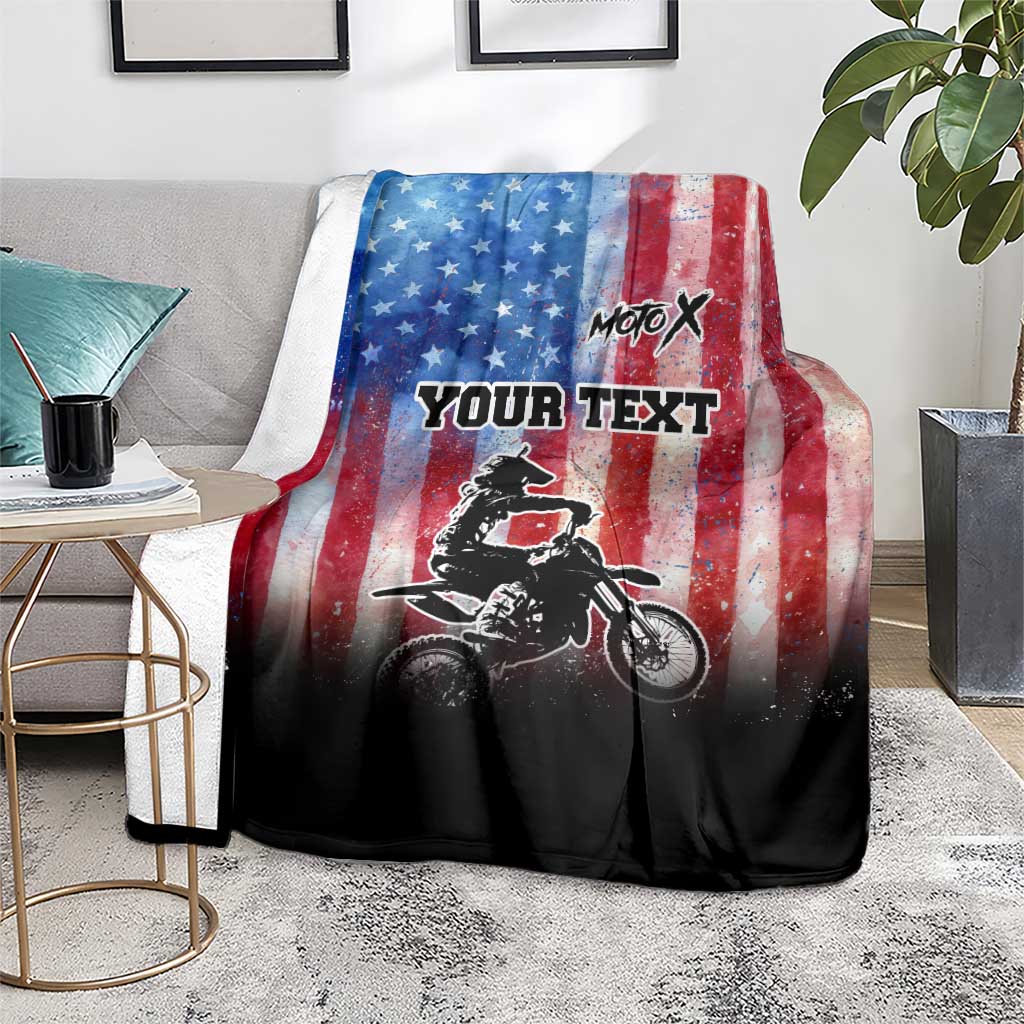 Personalized Motocross Rider Blanket with Distressed American Flag in Red White Blue Grunge Style - Wonder Print Shop