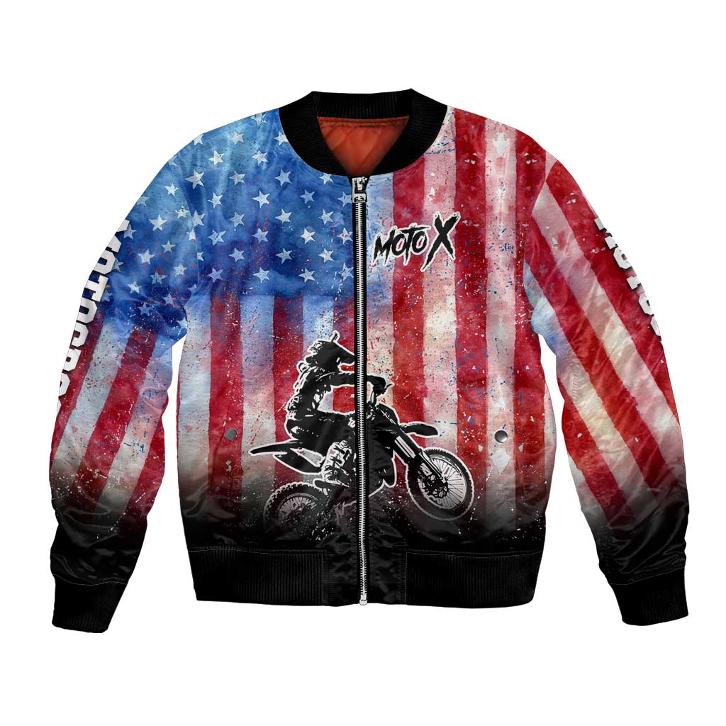 Personalized Motocross Rider Bomber Jacket with Distressed American Flag in Red White Blue Grunge Style - Wonder Print Shop