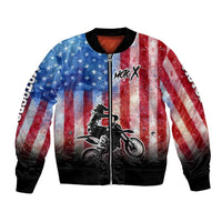 Personalized Motocross Rider Bomber Jacket with Distressed American Flag in Red White Blue Grunge Style - Wonder Print Shop