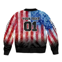 Personalized Motocross Rider Bomber Jacket with Distressed American Flag in Red White Blue Grunge Style - Wonder Print Shop