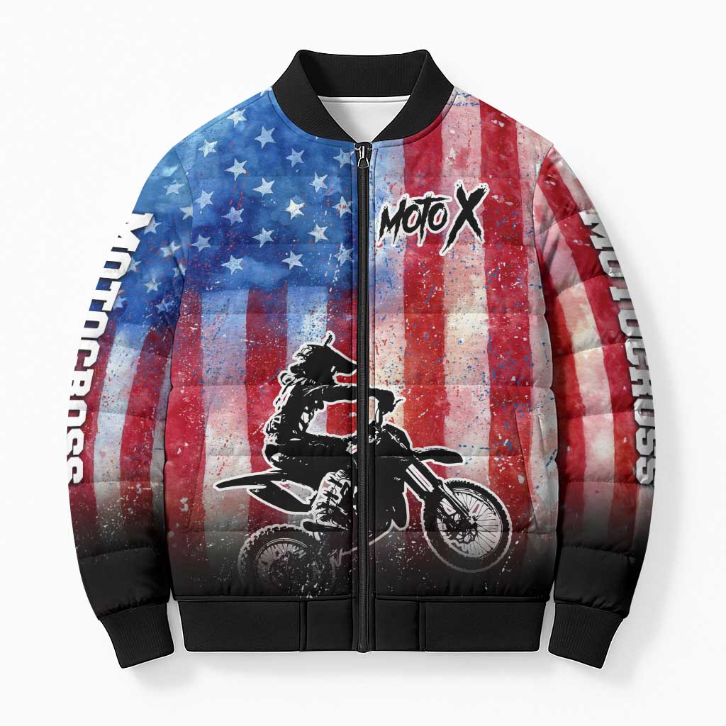 Personalized Motocross Rider Bomber Puffer Jacket with Distressed American Flag in Red White Blue Grunge Style - Wonder Print Shop