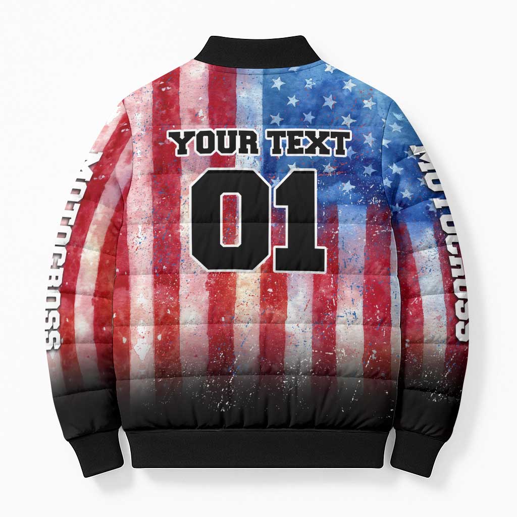 Personalized Motocross Rider Bomber Puffer Jacket with Distressed American Flag in Red White Blue Grunge Style - Wonder Print Shop