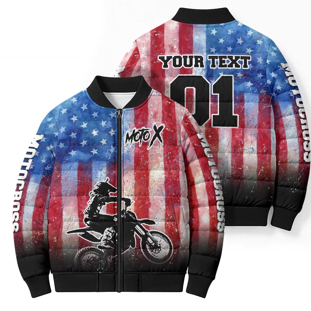 Personalized Motocross Rider Bomber Puffer Jacket with Distressed American Flag in Red White Blue Grunge Style - Wonder Print Shop