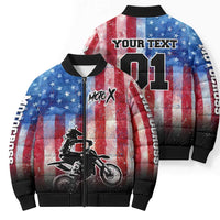 Personalized Motocross Rider Bomber Puffer Jacket with Distressed American Flag in Red White Blue Grunge Style - Wonder Print Shop