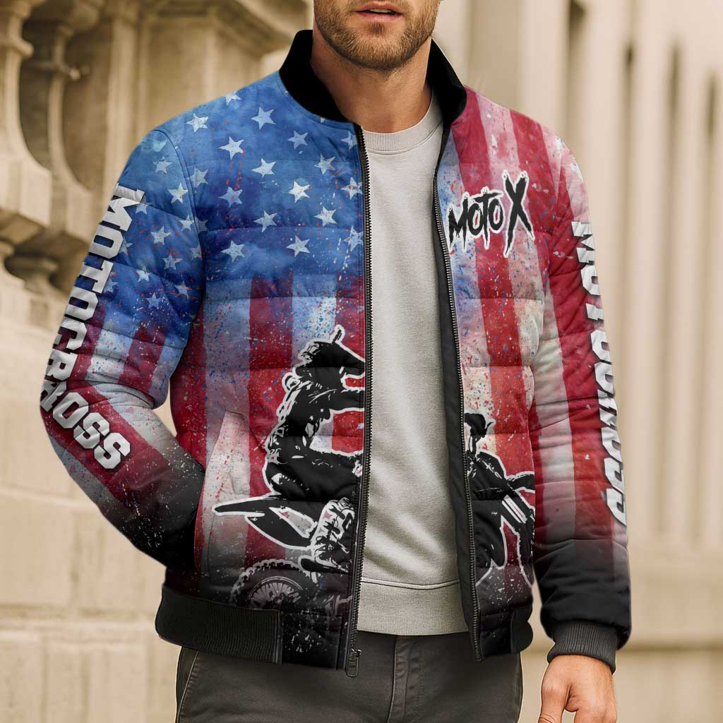 Personalized Motocross Rider Bomber Puffer Jacket with Distressed American Flag in Red White Blue Grunge Style - Wonder Print Shop