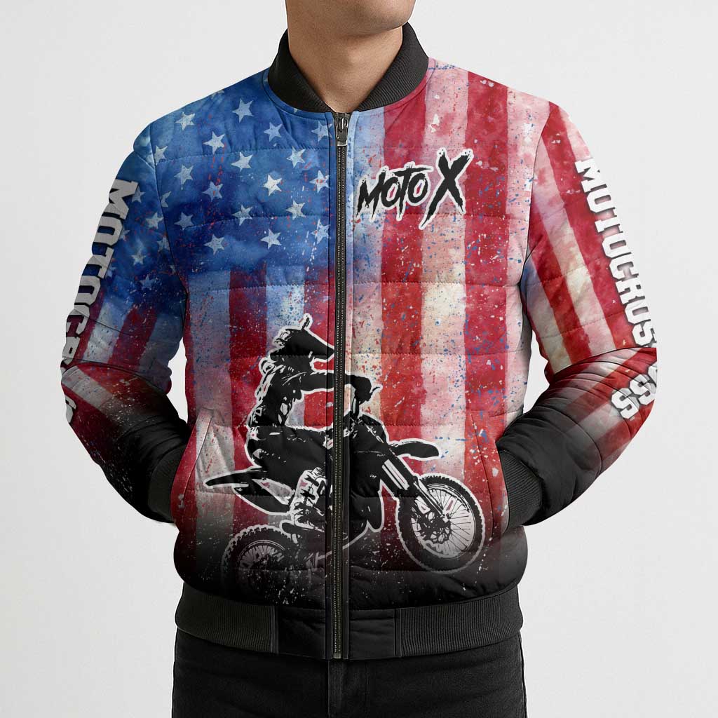 Personalized Motocross Rider Bomber Puffer Jacket with Distressed American Flag in Red White Blue Grunge Style - Wonder Print Shop