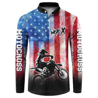 Personalized Motocross Rider Button Sweatshirt with Distressed American Flag in Red White Blue Grunge Style - Wonder Print Shop
