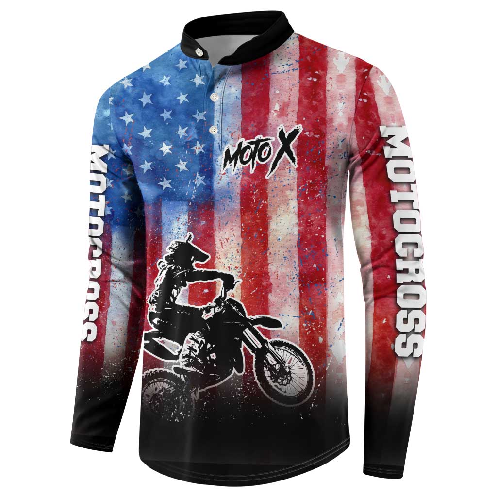 Personalized Motocross Rider Button Sweatshirt with Distressed American Flag in Red White Blue Grunge Style - Wonder Print Shop