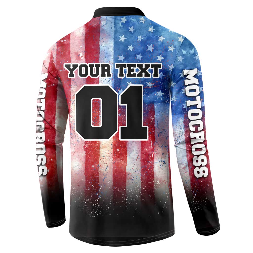 Personalized Motocross Rider Button Sweatshirt with Distressed American Flag in Red White Blue Grunge Style - Wonder Print Shop
