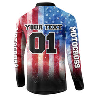 Personalized Motocross Rider Button Sweatshirt with Distressed American Flag in Red White Blue Grunge Style - Wonder Print Shop