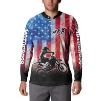 Personalized Motocross Rider Button Sweatshirt with Distressed American Flag in Red White Blue Grunge Style - Wonder Print Shop