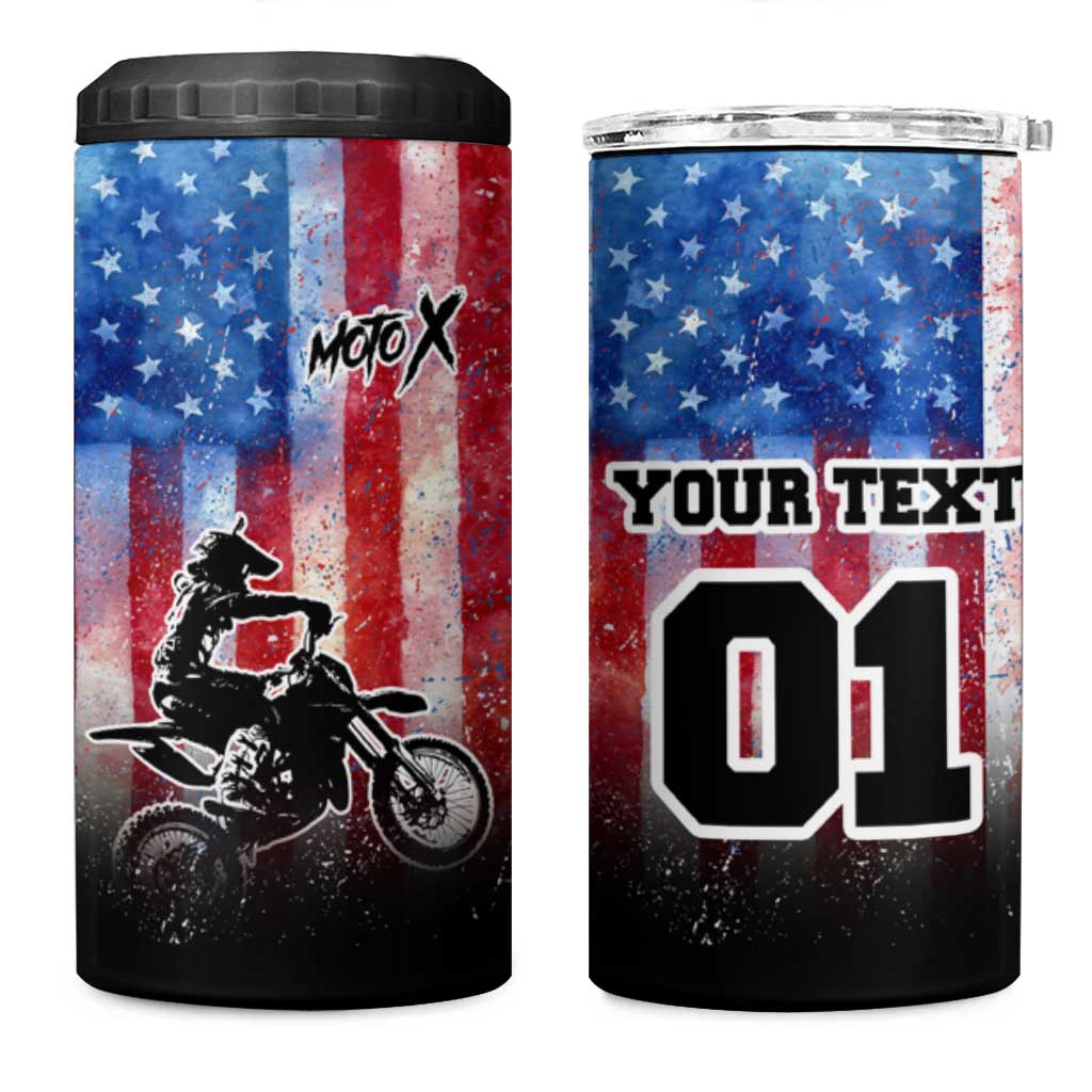 Personalized Motocross Rider 4 in 1 Can Cooler Tumbler with Distressed American Flag in Red White Blue Grunge Style - Wonder Print Shop