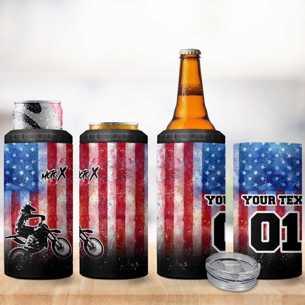 Personalized Motocross Rider 4 in 1 Can Cooler Tumbler with Distressed American Flag in Red White Blue Grunge Style - Wonder Print Shop
