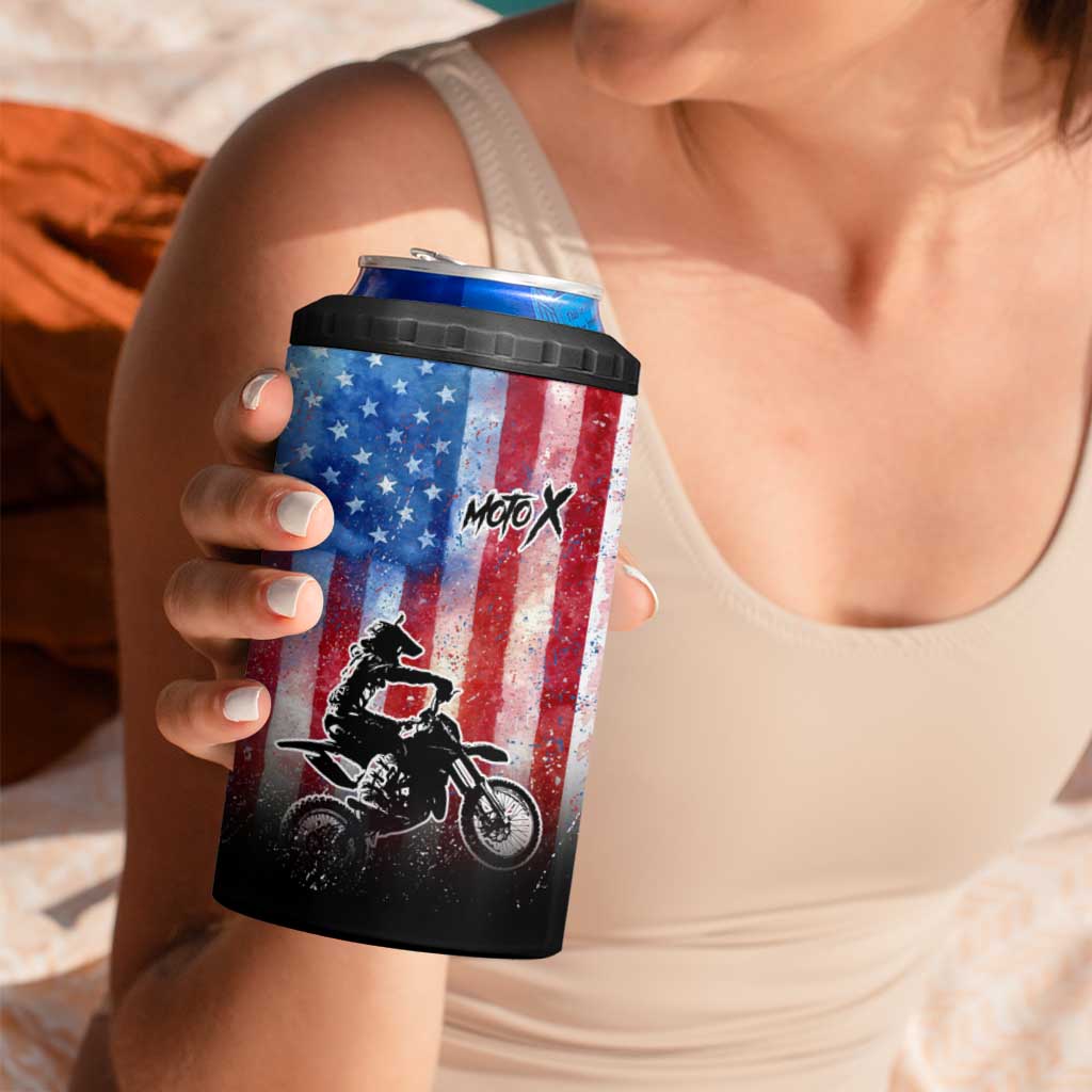 Personalized Motocross Rider 4 in 1 Can Cooler Tumbler with Distressed American Flag in Red White Blue Grunge Style - Wonder Print Shop