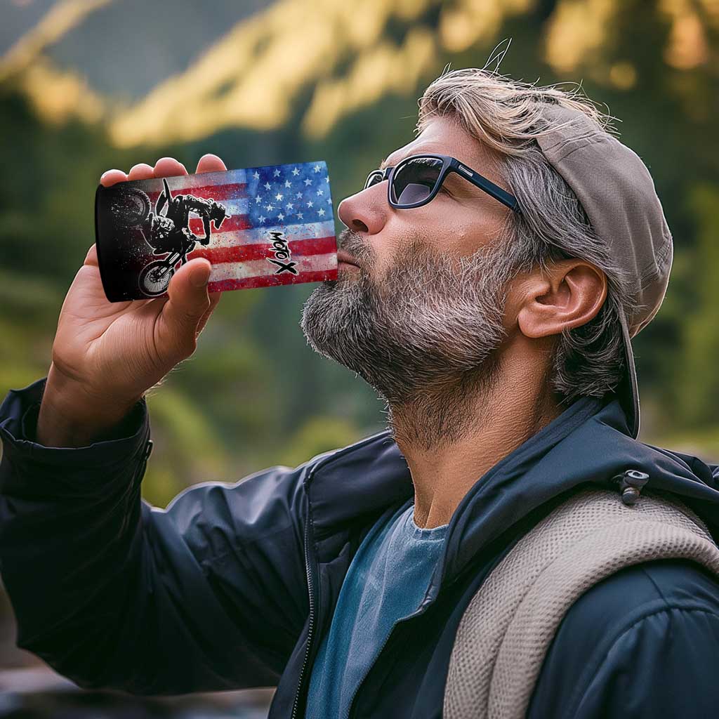 Personalized Motocross Rider 4 in 1 Can Cooler Tumbler with Distressed American Flag in Red White Blue Grunge Style - Wonder Print Shop