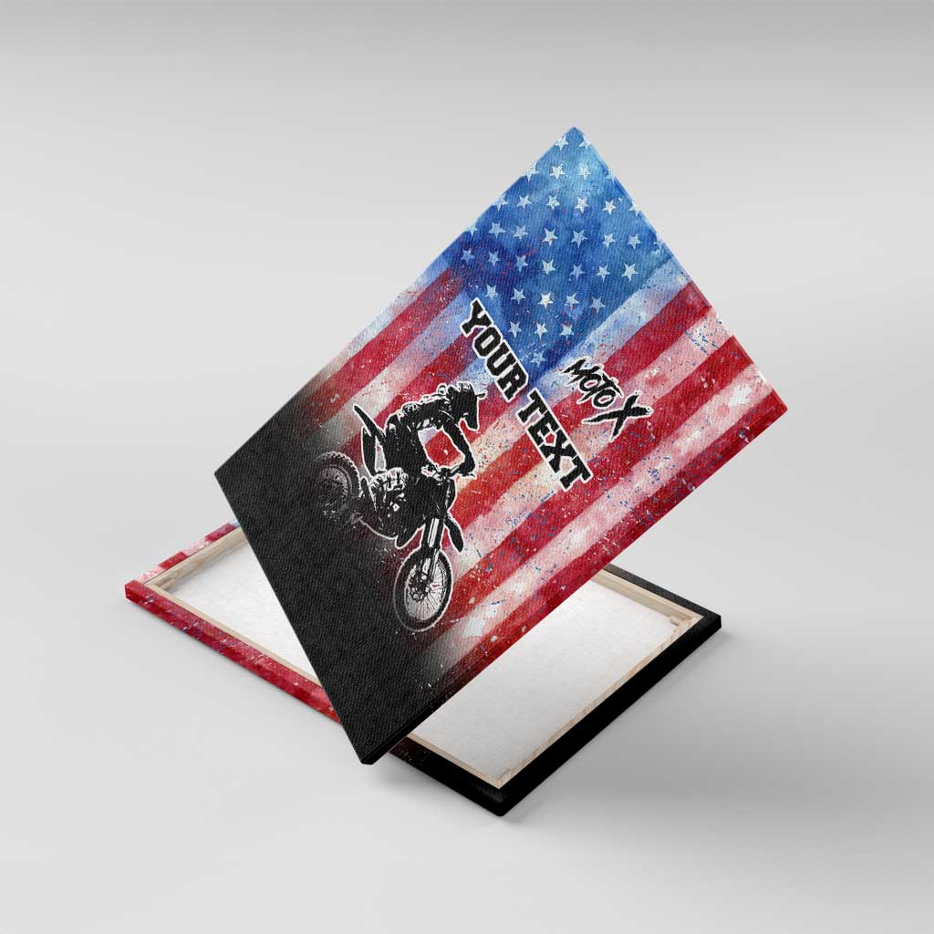 Personalized Motocross Rider Canvas Wall Art with Distressed American Flag in Red White Blue Grunge Style - Wonder Print Shop
