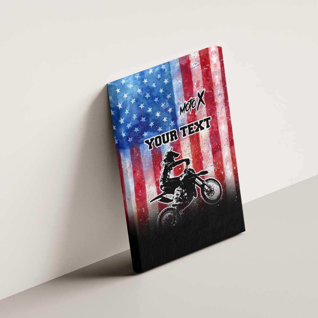 Personalized Motocross Rider Canvas Wall Art with Distressed American Flag in Red White Blue Grunge Style - Wonder Print Shop