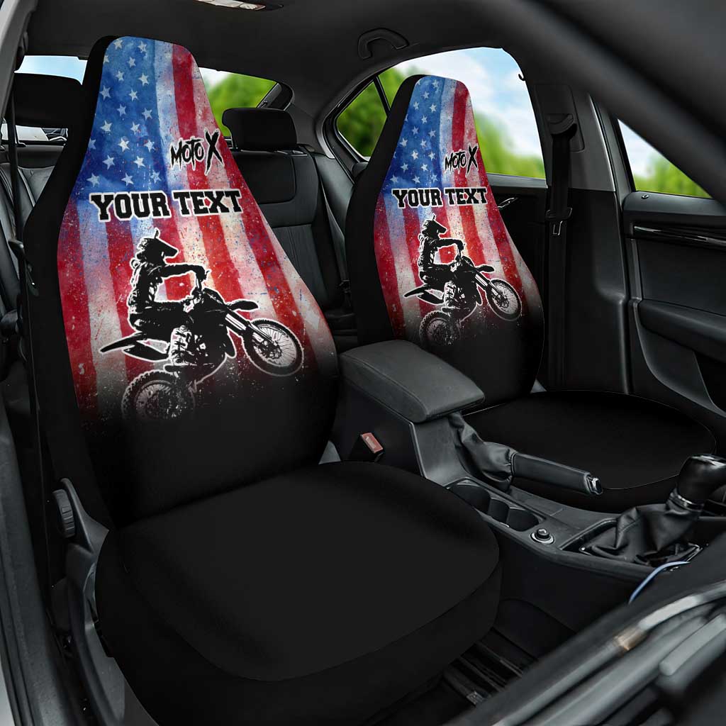 Personalized Motocross Rider Car Seat Cover with Distressed American Flag in Red White Blue Grunge Style - Wonder Print Shop