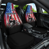Personalized Motocross Rider Car Seat Cover with Distressed American Flag in Red White Blue Grunge Style - Wonder Print Shop