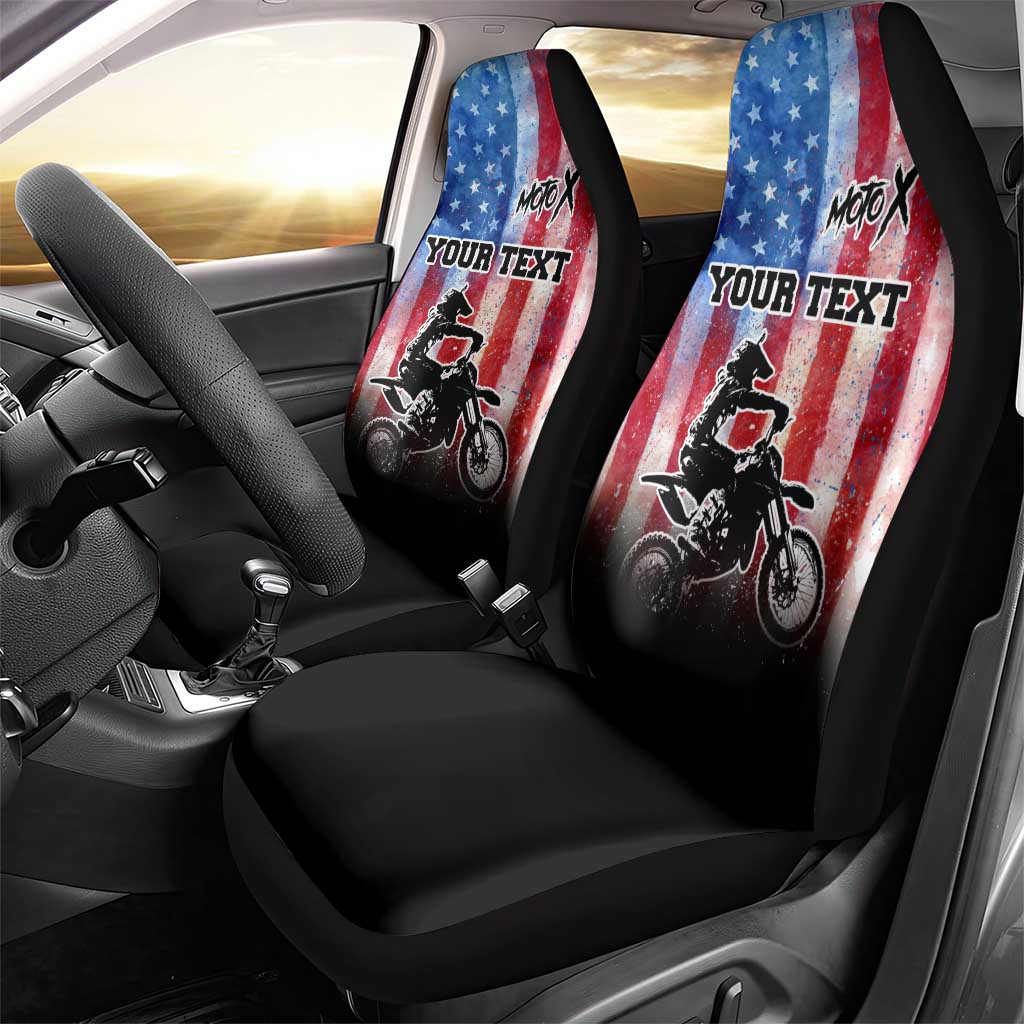 Personalized Motocross Rider Car Seat Cover with Distressed American Flag in Red White Blue Grunge Style - Wonder Print Shop