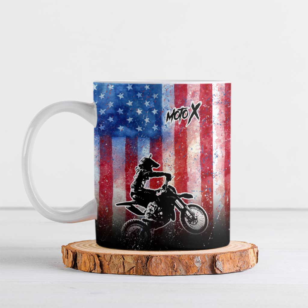Personalized Motocross Rider Ceramic Mug with Distressed American Flag in Red White Blue Grunge Style - Wonder Print Shop