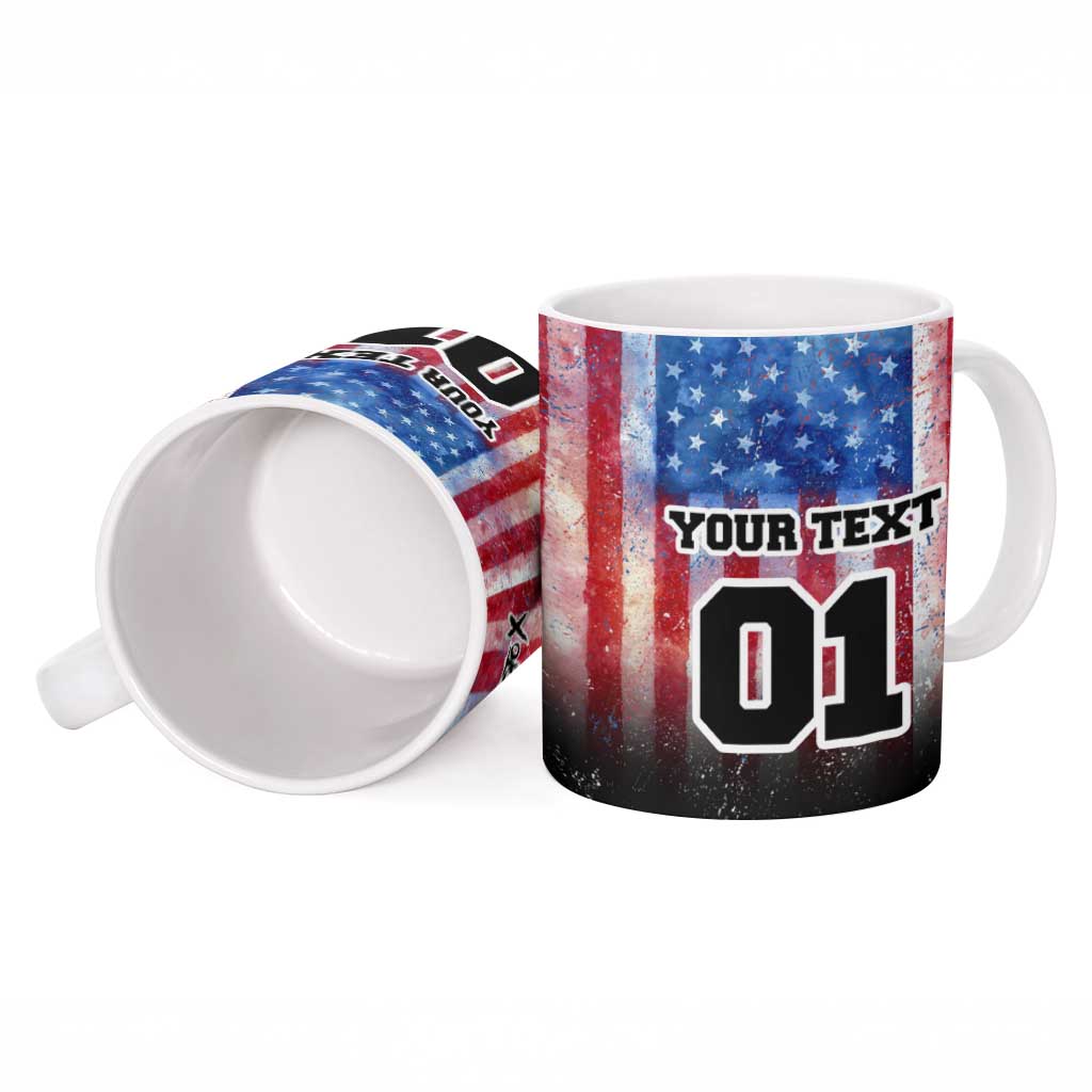 Personalized Motocross Rider Ceramic Mug with Distressed American Flag in Red White Blue Grunge Style - Wonder Print Shop
