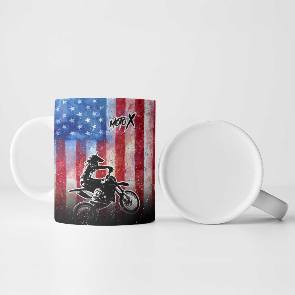 Personalized Motocross Rider Ceramic Mug with Distressed American Flag in Red White Blue Grunge Style - Wonder Print Shop