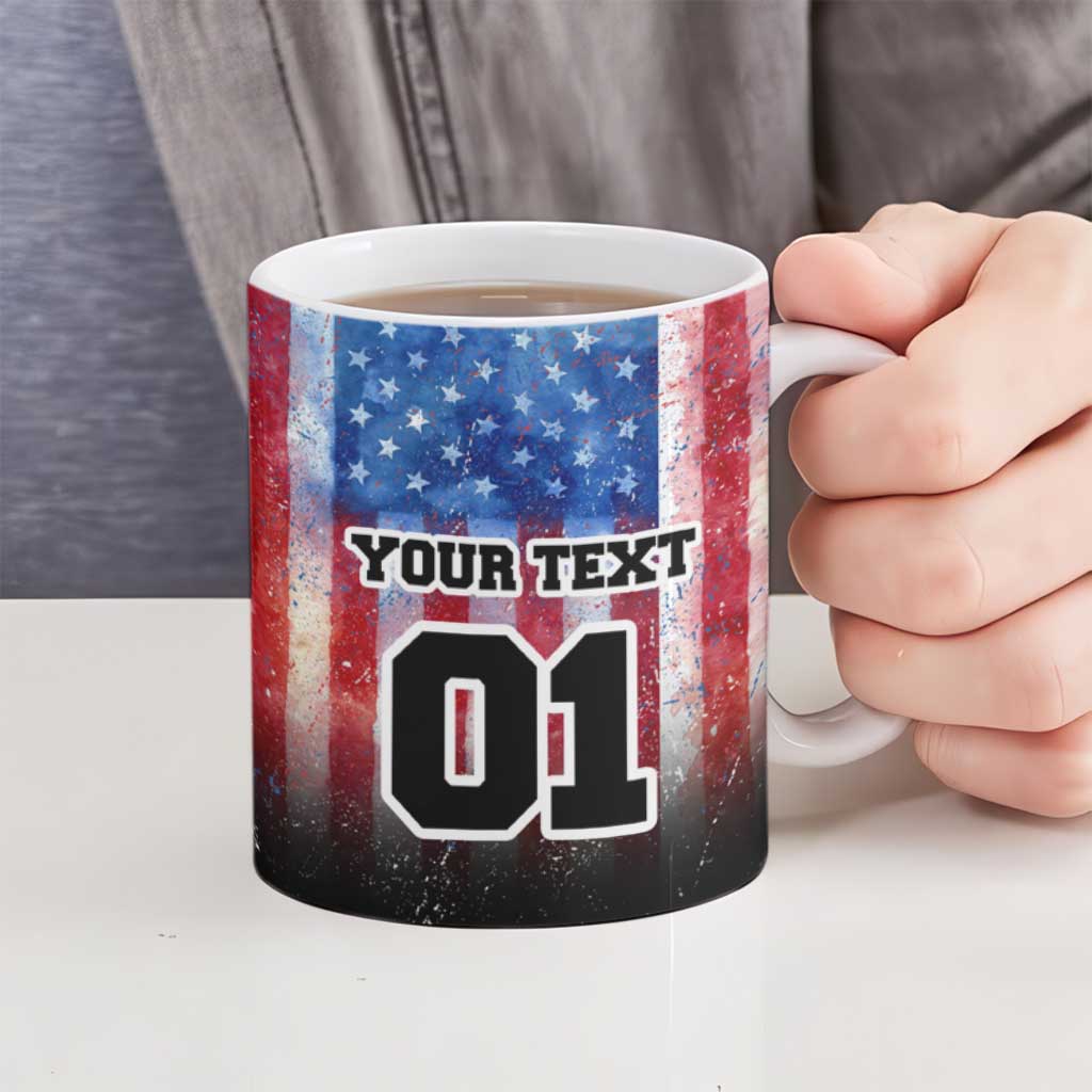 Personalized Motocross Rider Ceramic Mug with Distressed American Flag in Red White Blue Grunge Style - Wonder Print Shop