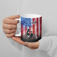 Personalized Motocross Rider Ceramic Mug with Distressed American Flag in Red White Blue Grunge Style - Wonder Print Shop