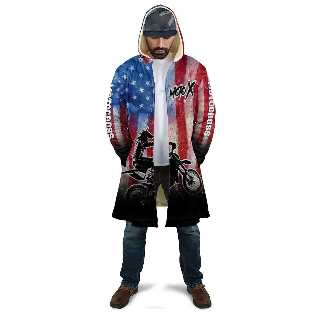 Personalized Motocross Rider Cloak with Distressed American Flag in Red White Blue Grunge Style - Wonder Print Shop