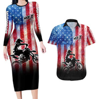 Personalized Motocross Rider Couples Matching Long Sleeve Bodycon Dress and Hawaiian Shirt with Distressed American Flag in Red White Blue Grunge Style - Wonder Print Shop