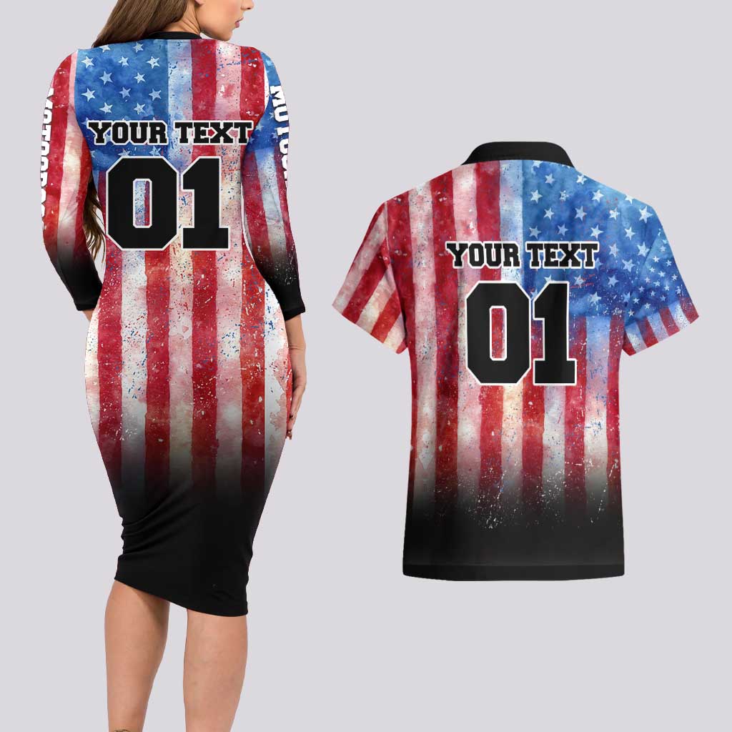 Personalized Motocross Rider Couples Matching Long Sleeve Bodycon Dress and Hawaiian Shirt with Distressed American Flag in Red White Blue Grunge Style - Wonder Print Shop