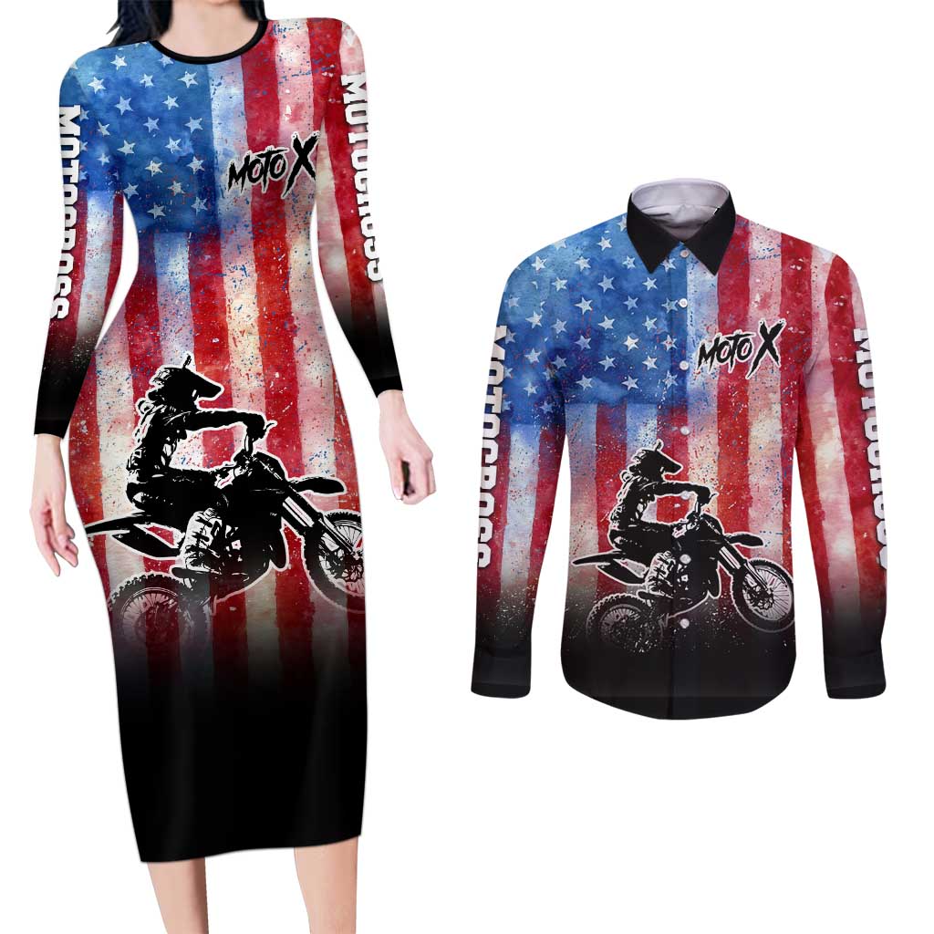 Personalized Motocross Rider Couples Matching Long Sleeve Bodycon Dress and Long Sleeve Button Shirt with Distressed American Flag in Red White Blue Grunge Style - Wonder Print Shop