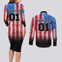 Personalized Motocross Rider Couples Matching Long Sleeve Bodycon Dress and Long Sleeve Button Shirt with Distressed American Flag in Red White Blue Grunge Style - Wonder Print Shop