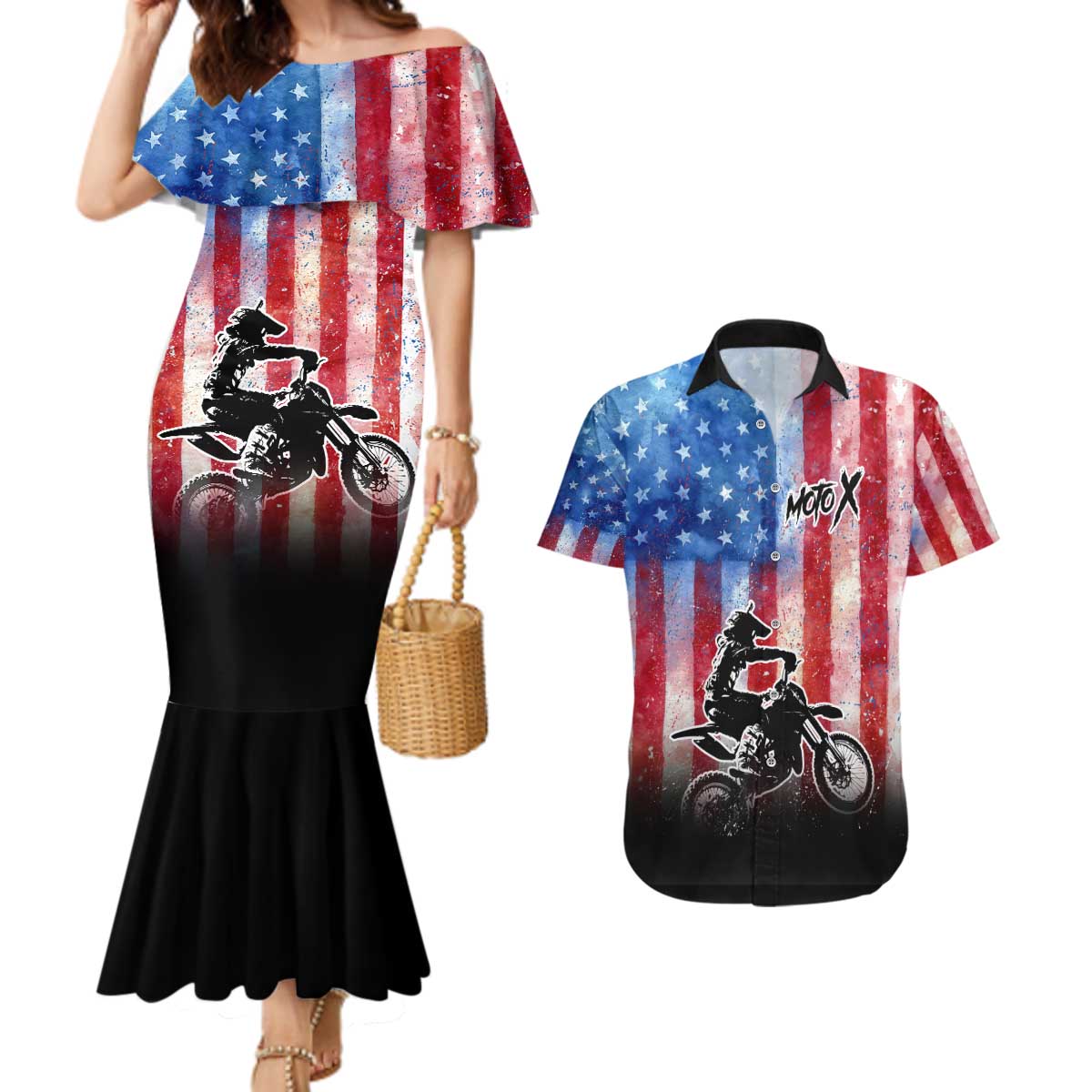 Personalized Motocross Rider Couples Matching Mermaid Dress and Hawaiian Shirt with Distressed American Flag in Red White Blue Grunge Style - Wonder Print Shop
